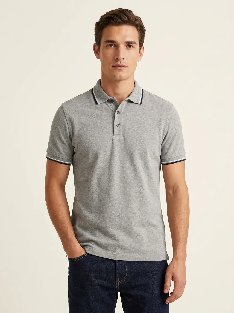 Men's Casual Grey Tipped Collar Printed Polo Shirt