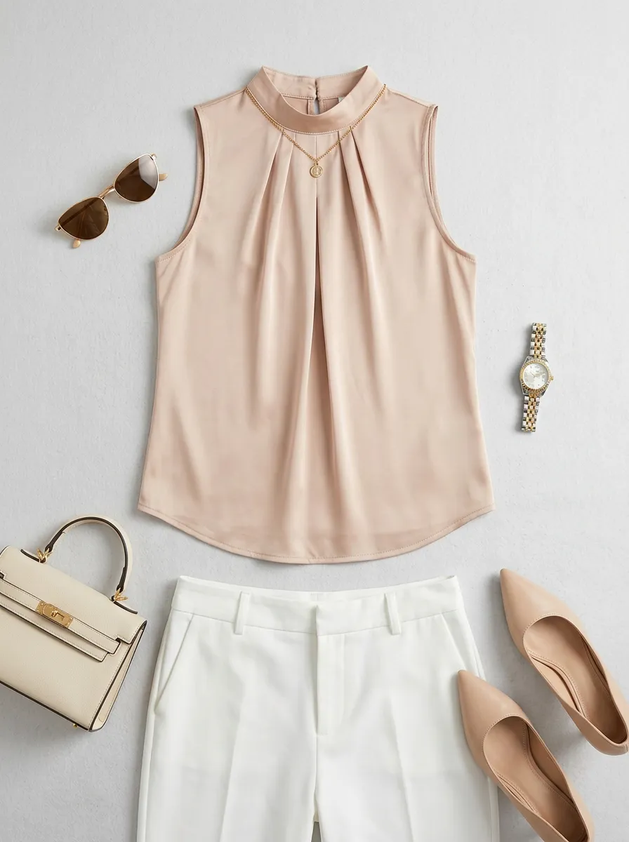 Satin Pleated Mock Neck Sleeveless Top