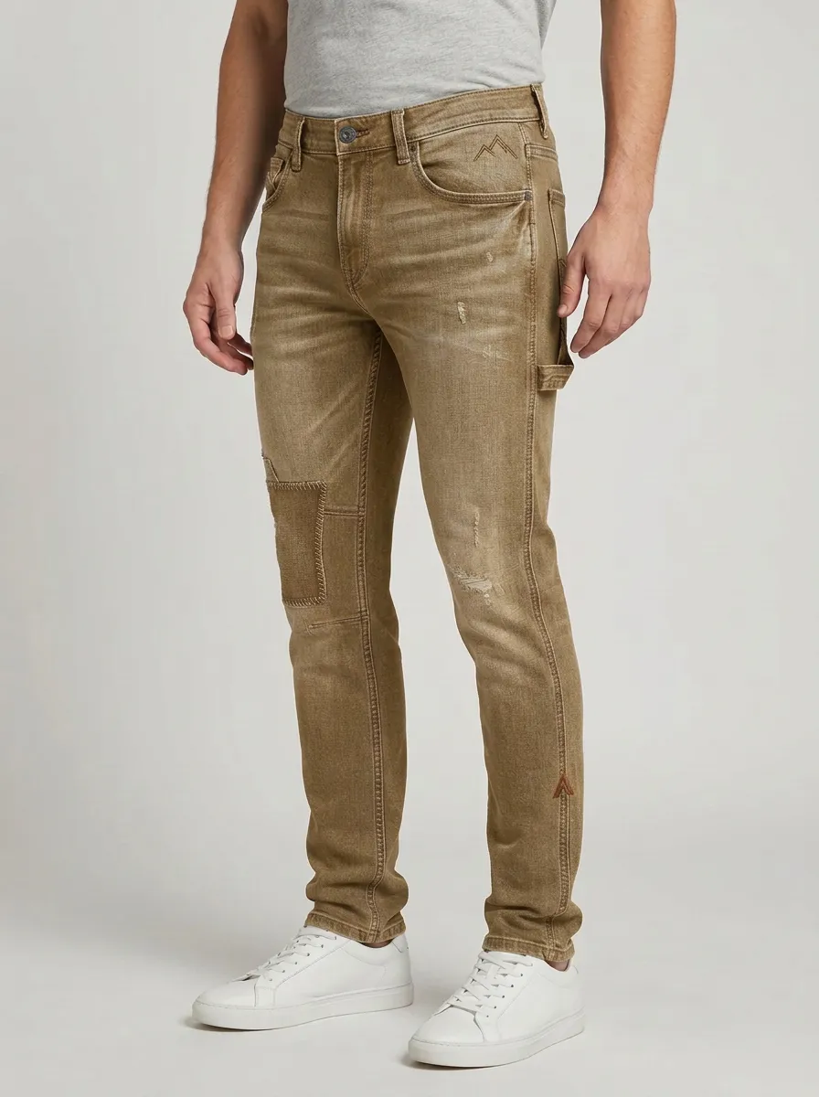 Men's Mountain Emblem Distressed Patchwork Slim-Fit Jeans