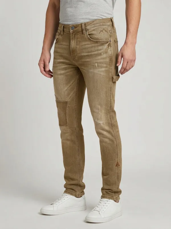 Men's Mountain Emblem Distressed Patchwork Slim-Fit Jeans