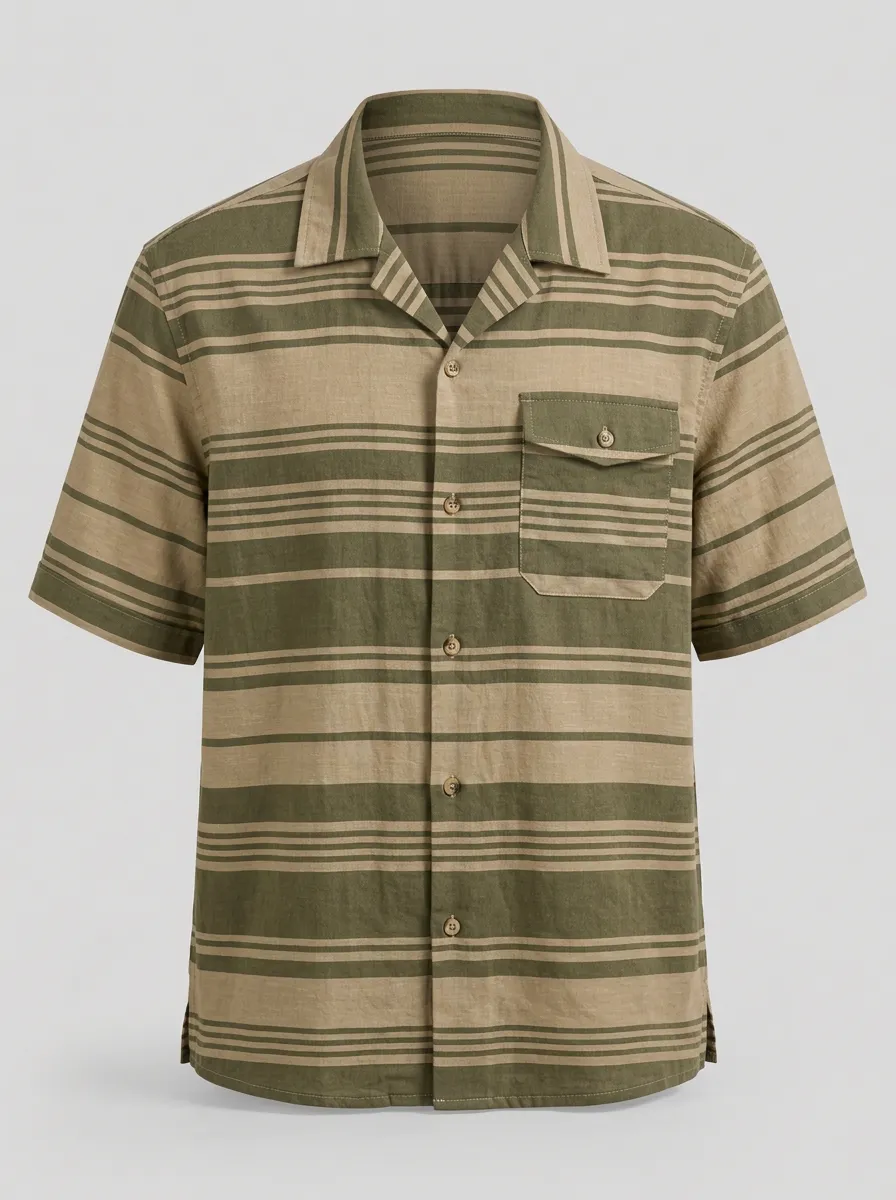Men's Olive and Tan Striped Camp Collar Shirt