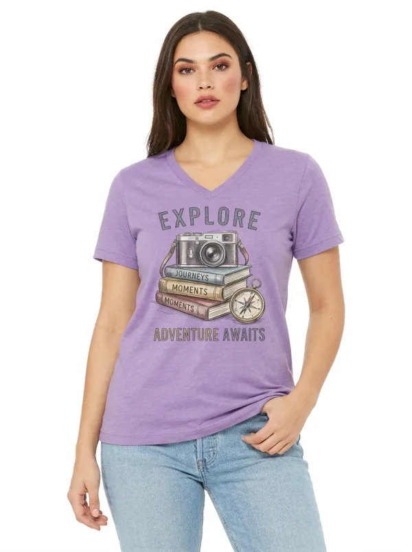 Women's Travel Lover Camera Books Compass Printed V-neck T-shirt