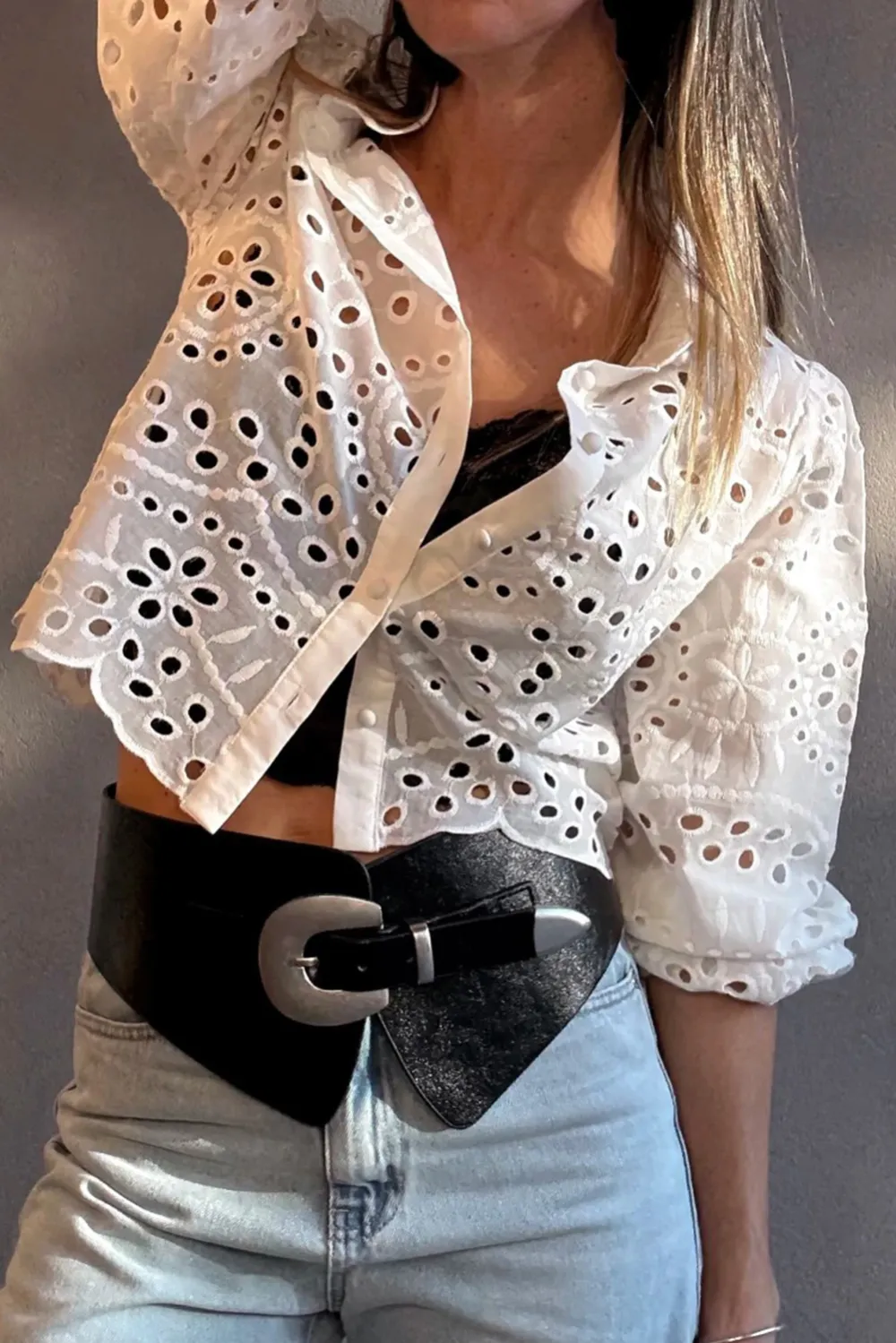 White Eyelet Embroidered Puff Sleeve Shirt