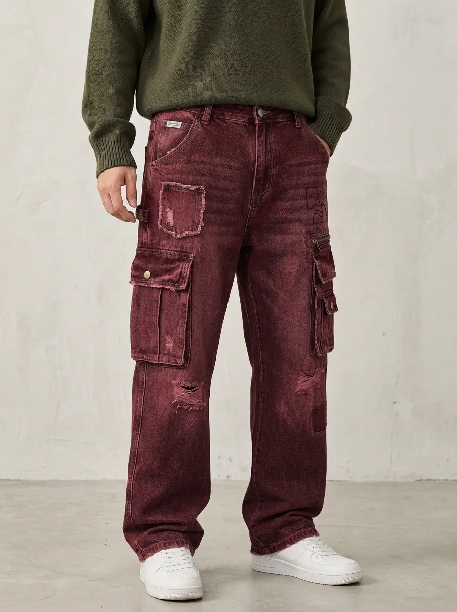 Men's Blue Distressed Mid Blue Zip Utility Pocket Raw Edge Cargo Pants