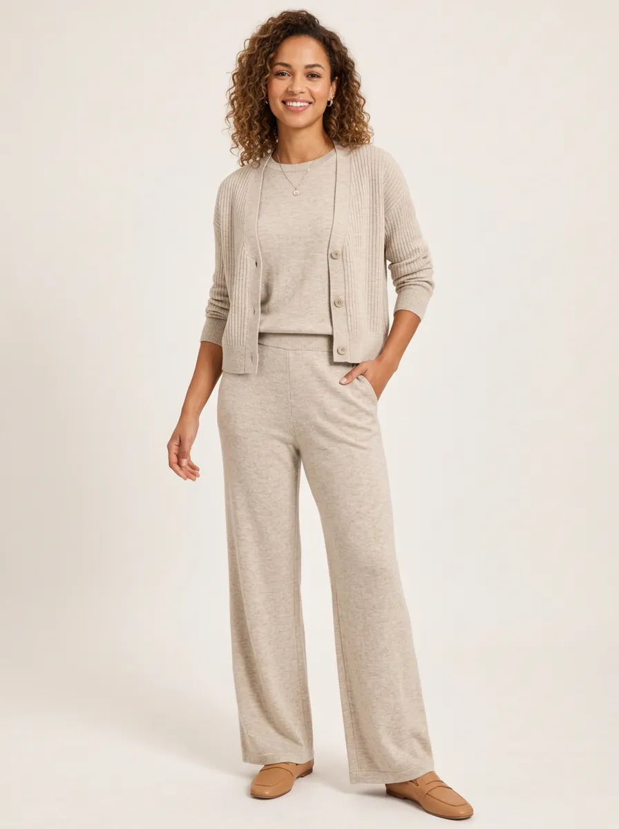 Women's Cardigan, Tank and Pants Set in Beige Ribbed Knit