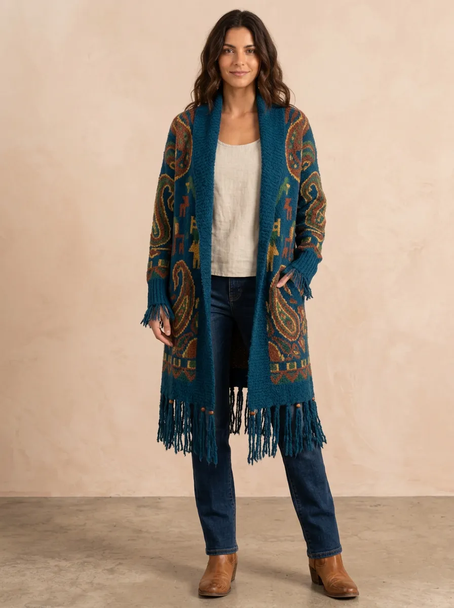 Women's Boho Style Paisley Pattern Knitted Fringe Cardigan