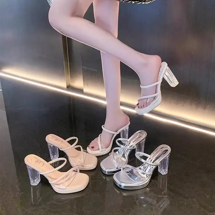 Transparent Crystal Block Heel Sandals