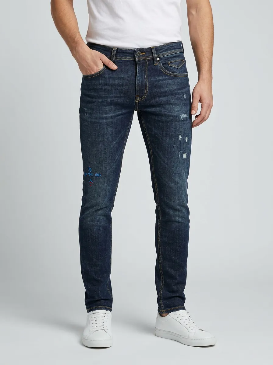 Men's Distressed Tribal Cross Embroidered Slim-Fit Jeans