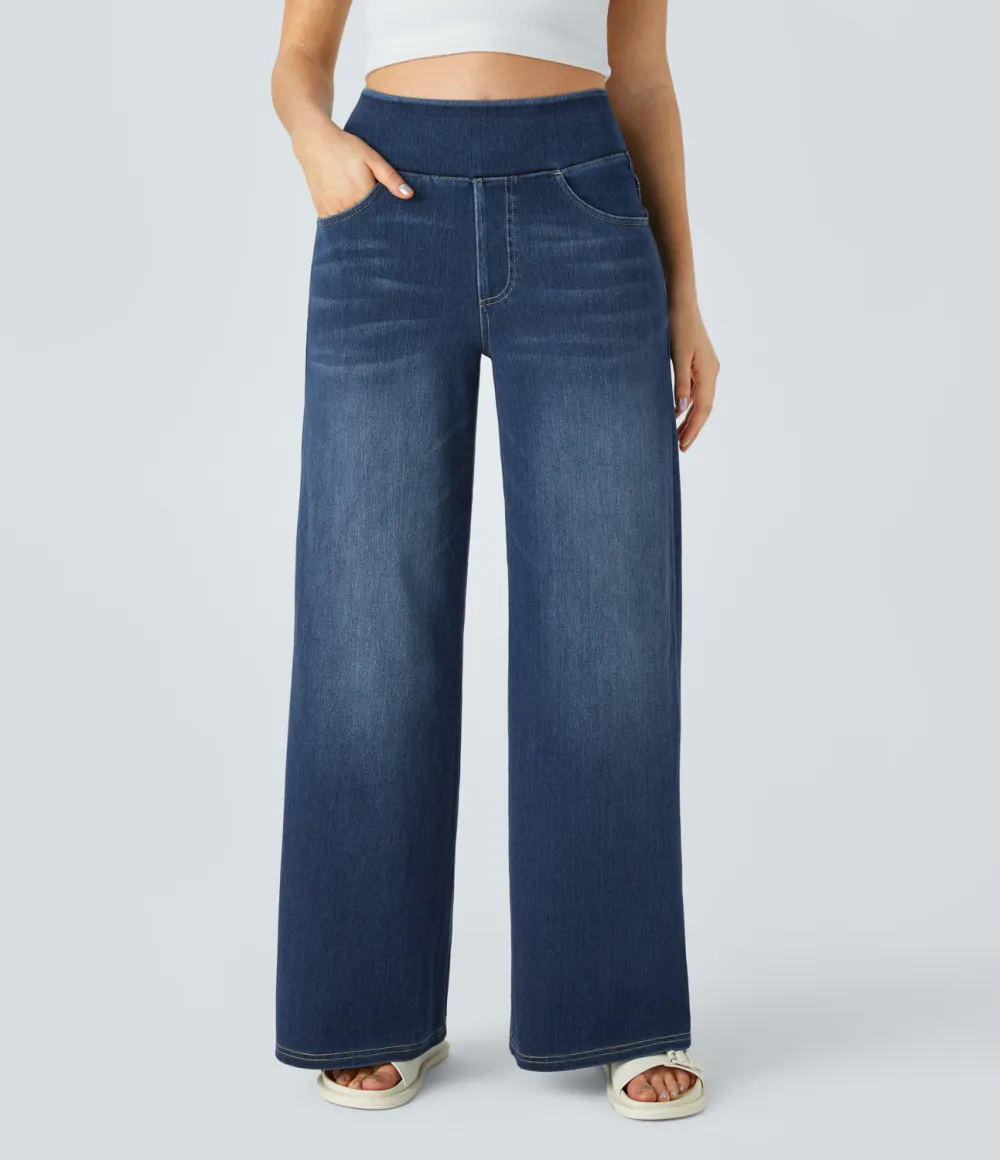 Magic High Waisted Multiple Pockets Wide Leg Washed Stretchy Knit Casual Jeans