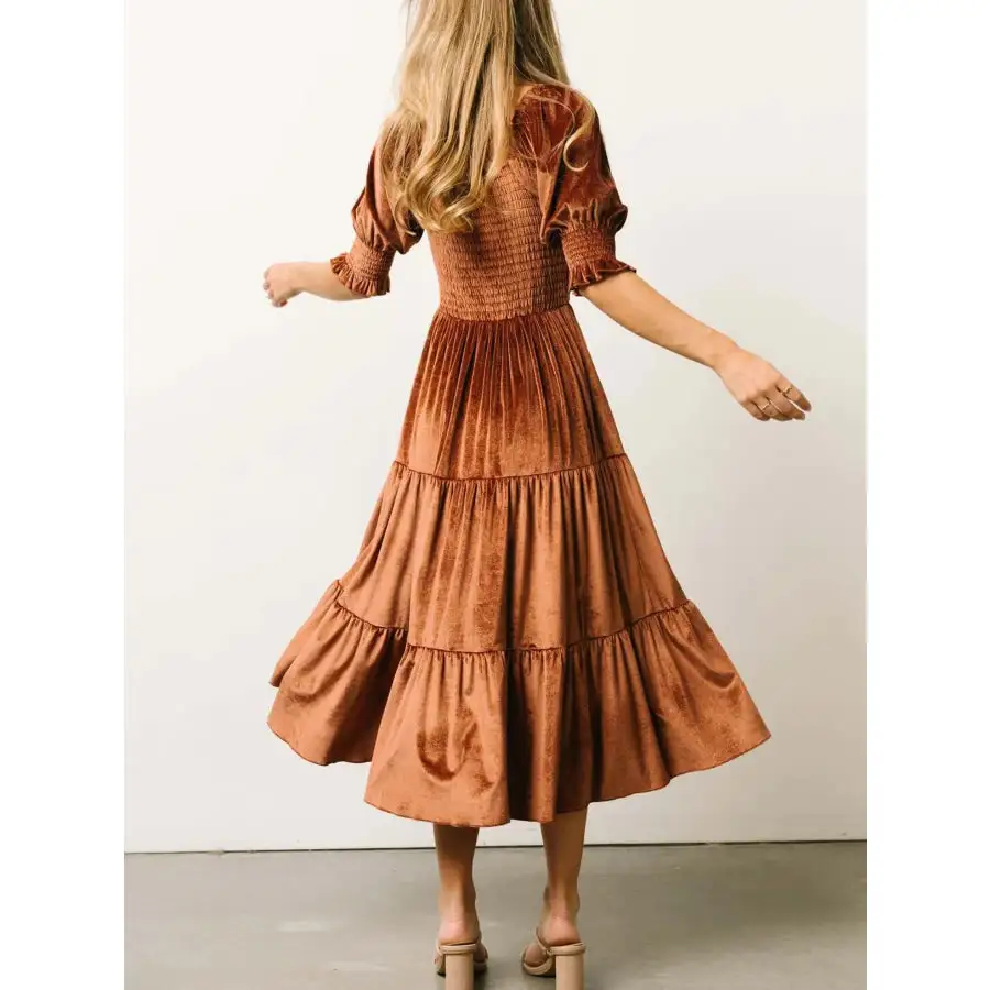 Smocked Half Sleeve Tiered Midi Dress