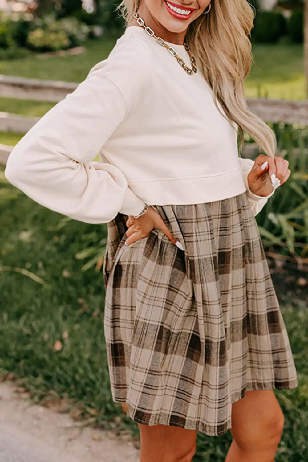 Classic Plaid Patchwork High Waist Sweatshirt Mini Dress
