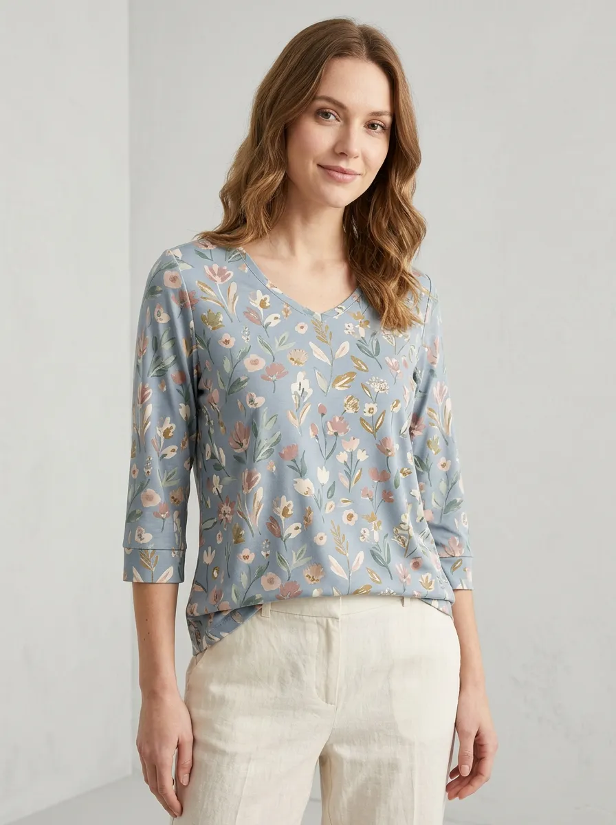 Minimal Floral Women's Three-Quarter Sleeve Top