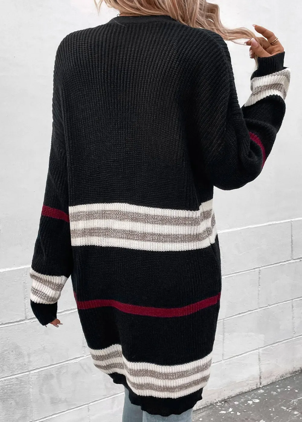 Wine Red Weave Long Sleeve V Neck Coat