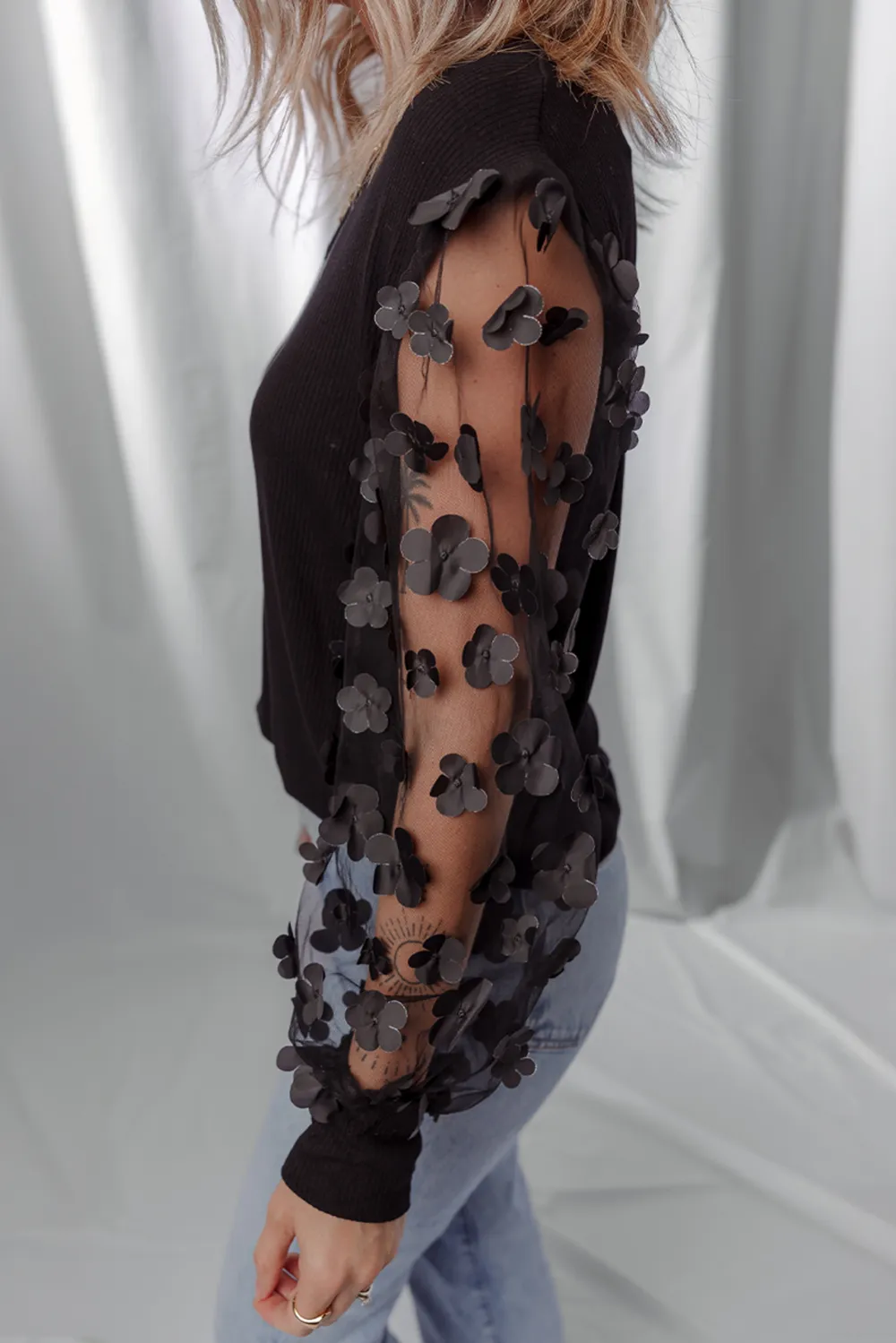 Black Flower Applique Mesh Long Sleeve Blouse