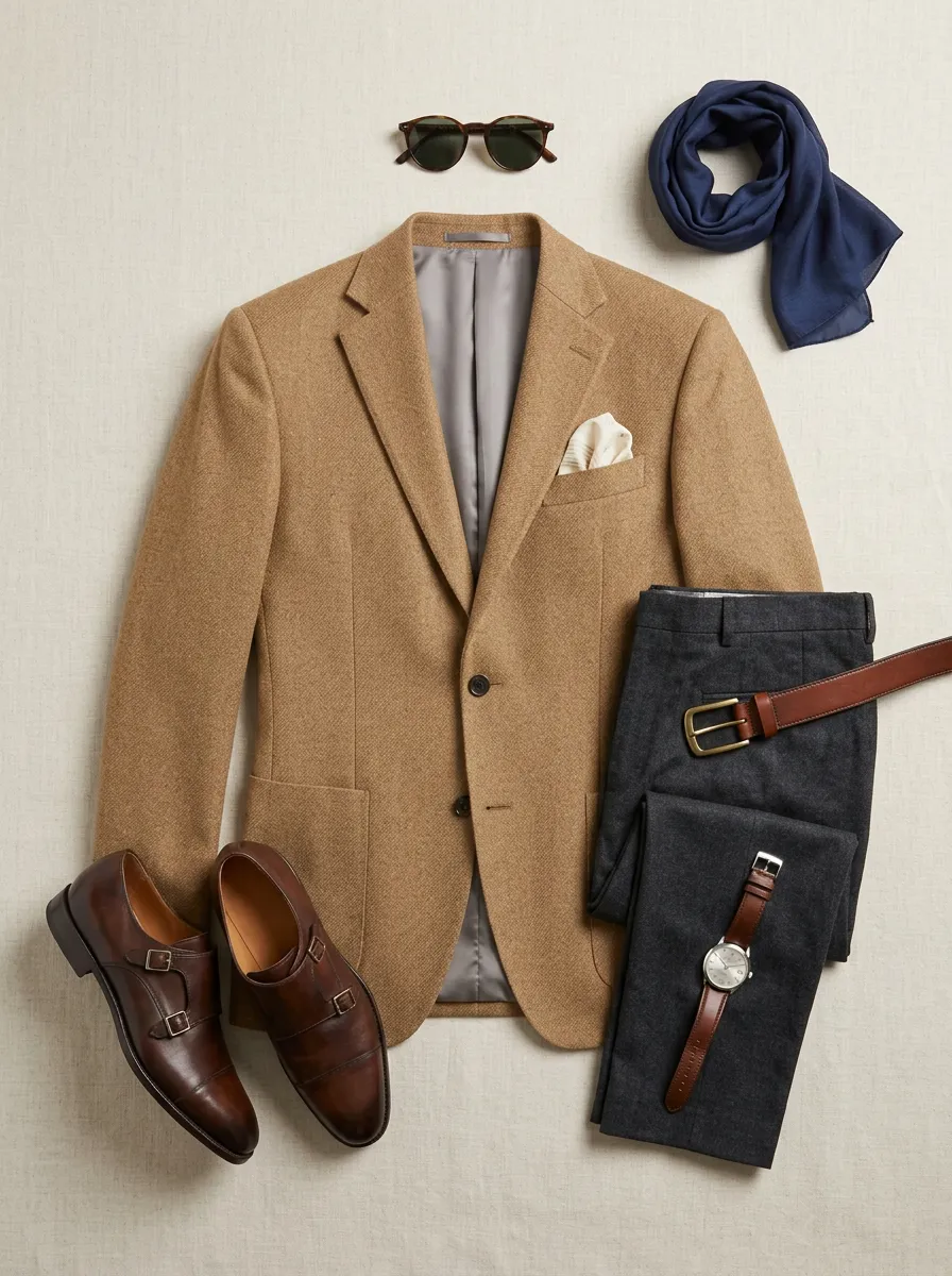 Notch-Lapel Textured Regular-Fit Welt-Pocket Men's Tailored Blazer Jacket