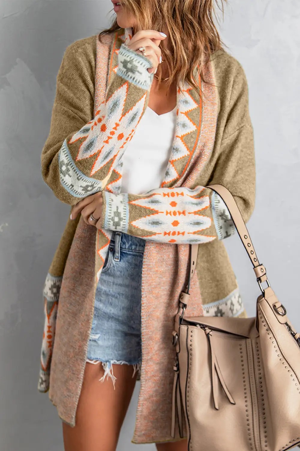 Aztec Print Open Front Knit Cardigan