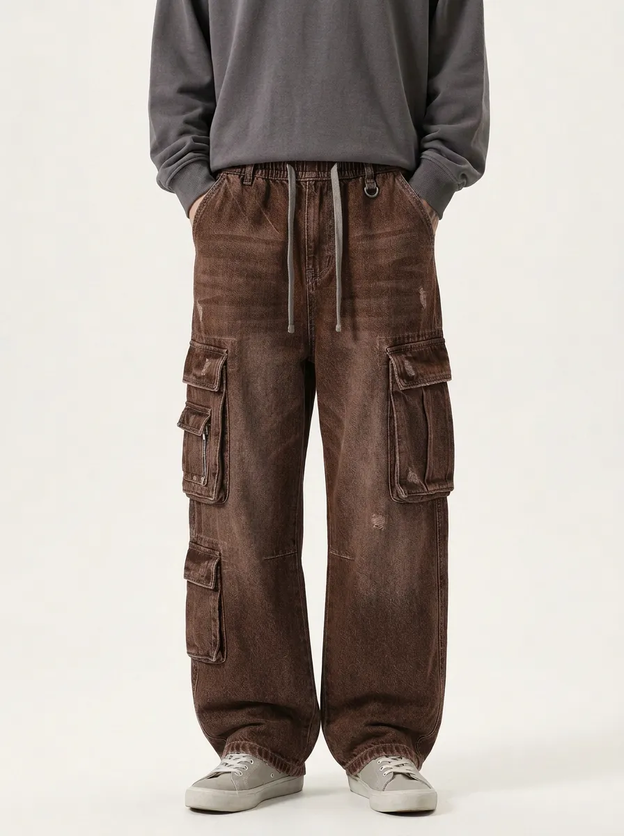 Men's Forge Streetwear Distressed Denim Multi-Pocket Cargo Jeans