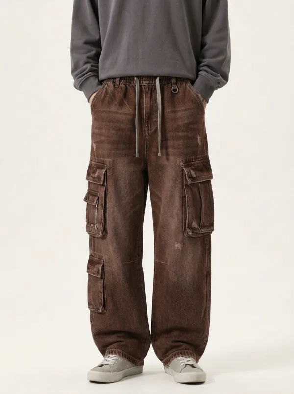 Men's Forge Streetwear Distressed Denim Multi-Pocket Cargo Jeans