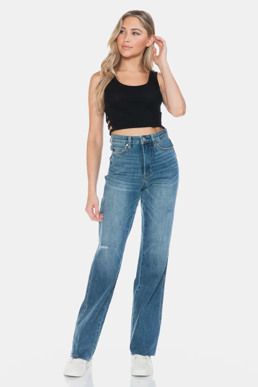 Tummy Control Cut Raw Hem Straight Denim Jeans