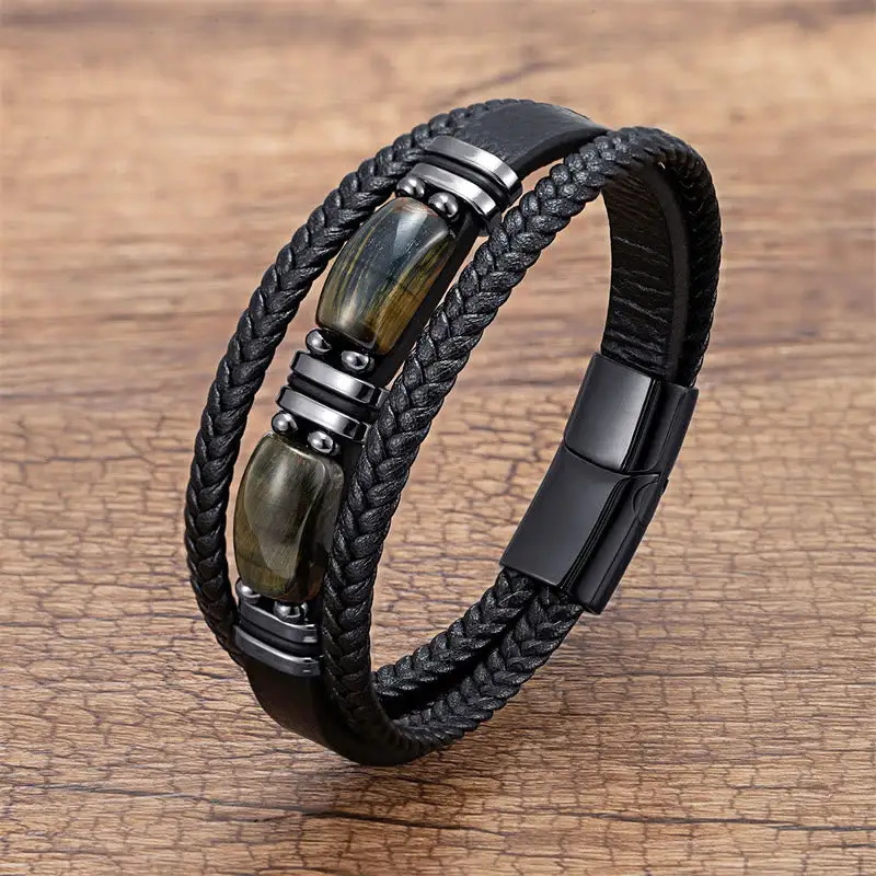 Tiger Eye Stone Willpower Multi Layer Leather Bracelet