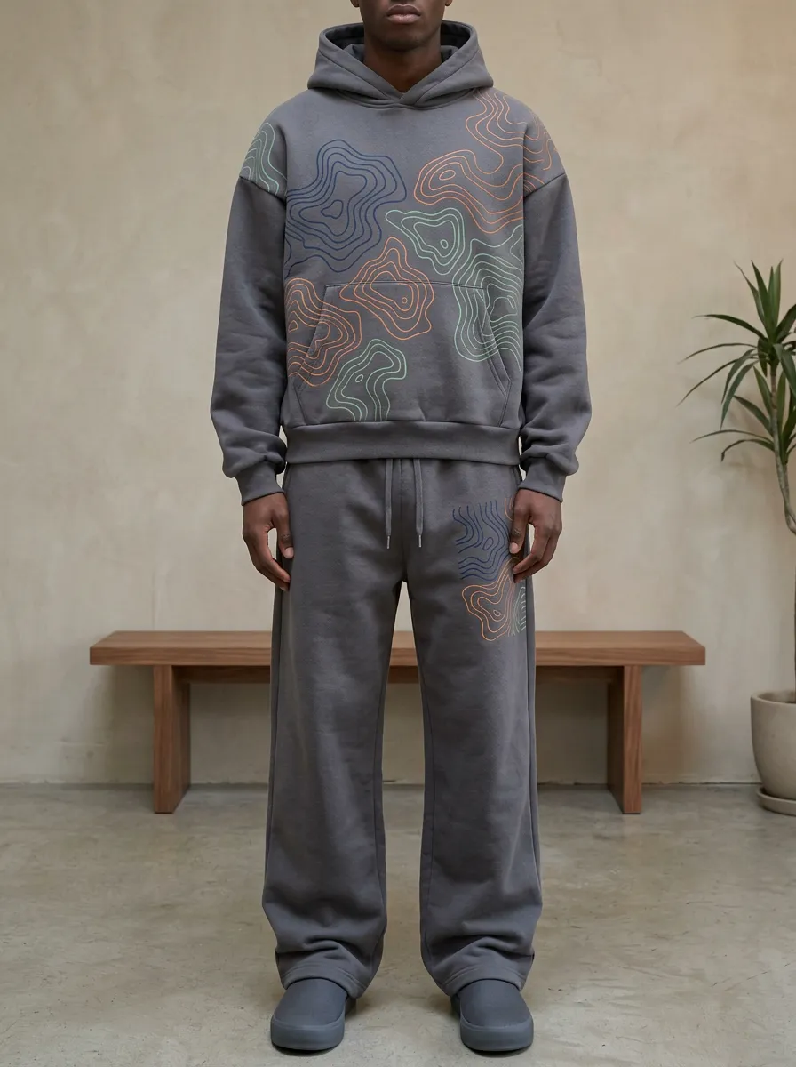 Men's Outdoor Hiking Topographic Map Printed Hoodie Set
