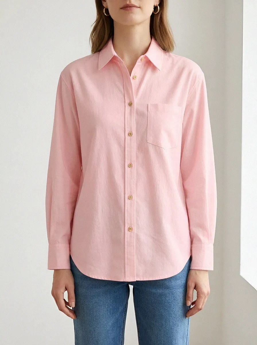 Women's Casual Minimalist Solid Cream Button-Down Shirt
