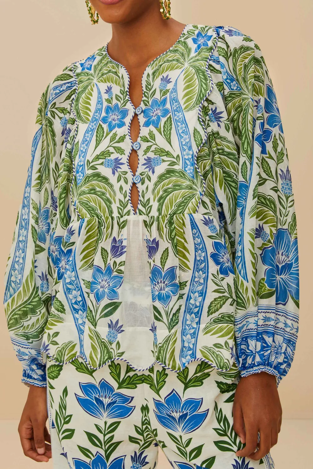 Cotton Tropical-Print Long-Sleeve Button-Front Blouse
