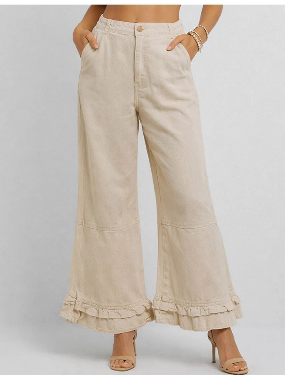 Ruffle Hem Jeans Elastic Waist Wide Leg Denim Pants