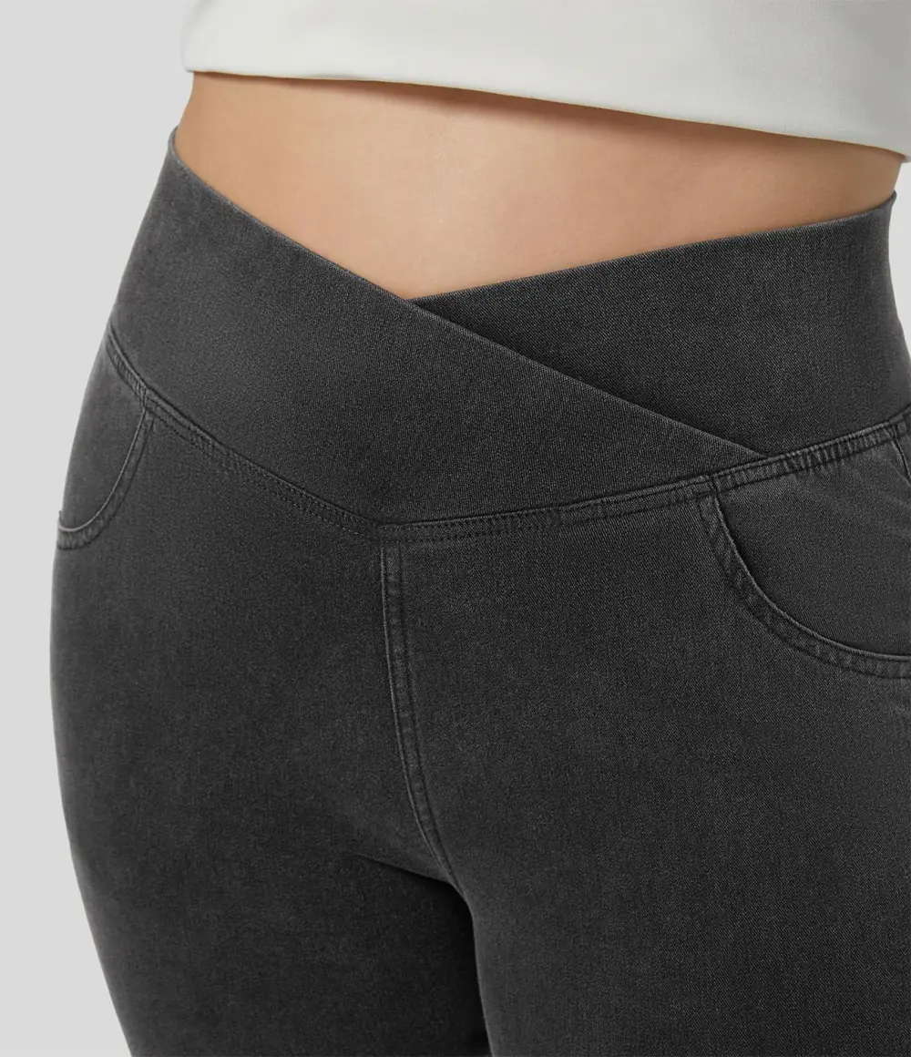 Magic High Waisted Crossover Pocket Cool Touch Breathable Washed Stretchy Knit Plus Size Casual Super Flare Jeans