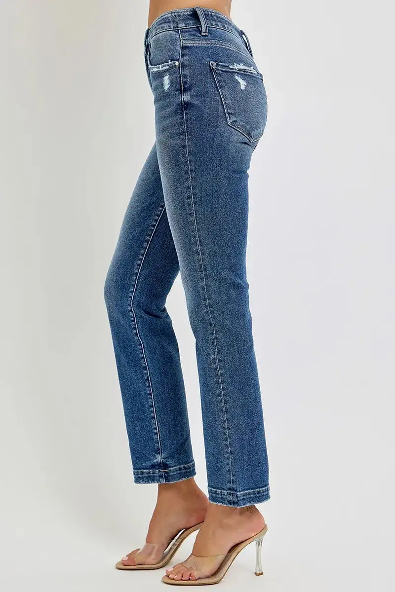 Mid Rise Elastic Waist Released Hem Straight Leg Jeans