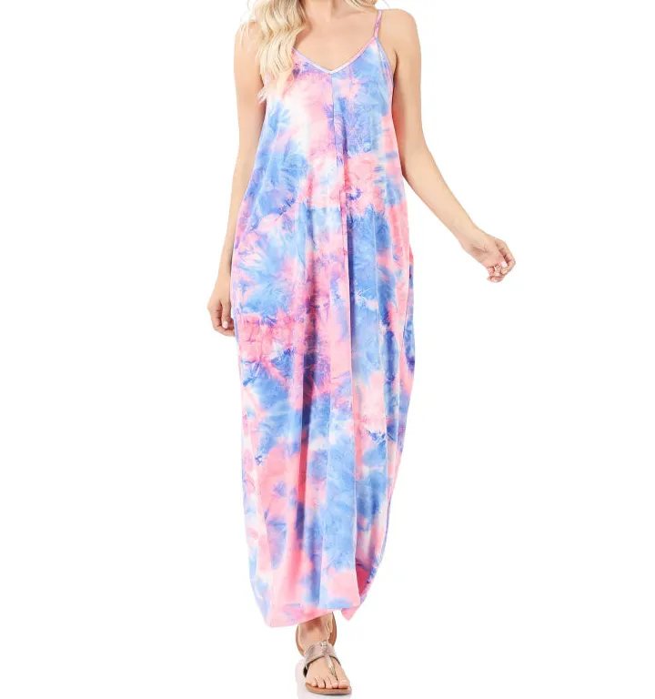 French Terry Tie Dye V Neck Cami Maxi Dress with Pockets Fairy Floss