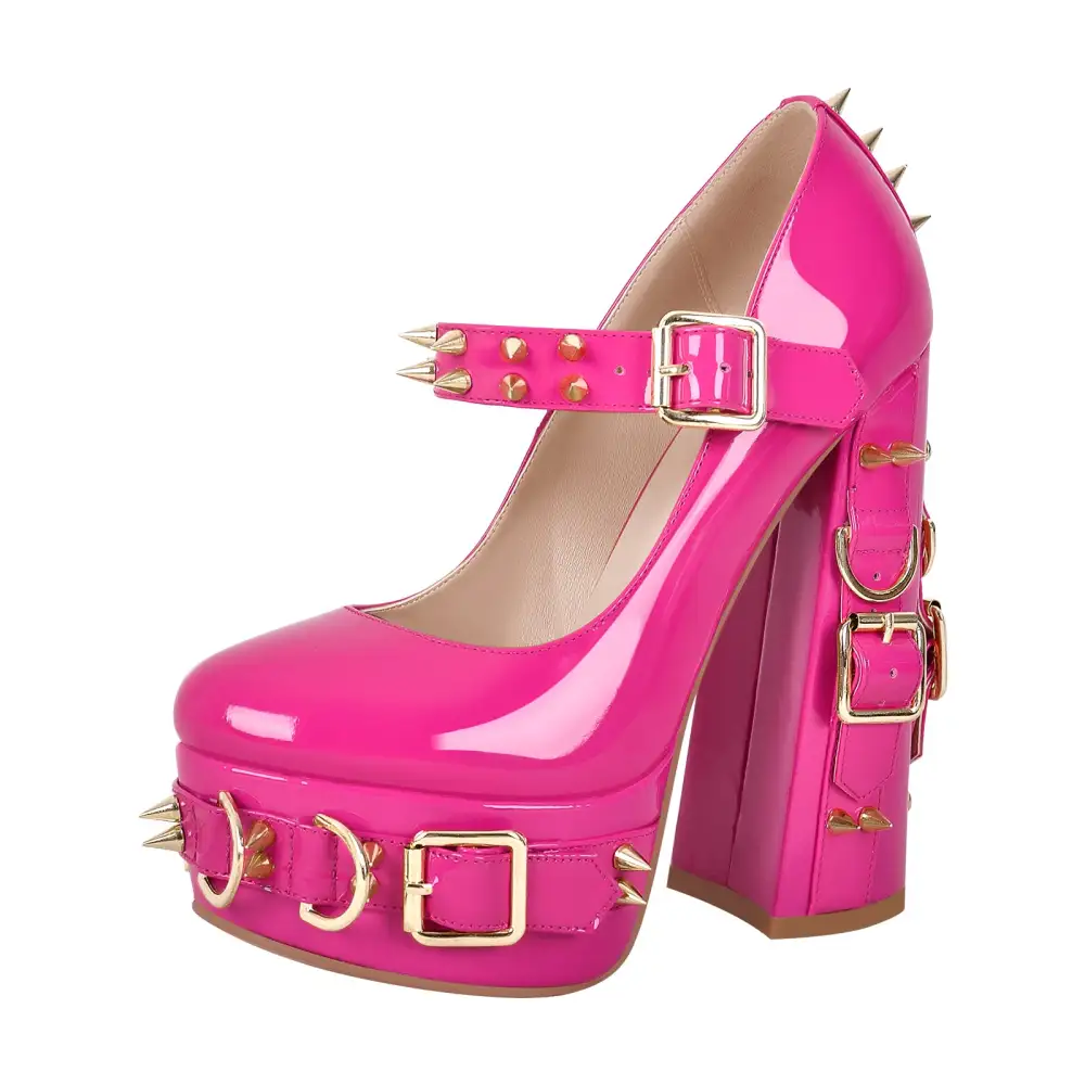 Patent Finish Rivet Round Toe Platform Chunky Heel Pumps