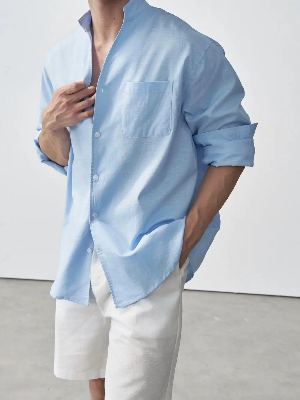 Stand Collar Linen Blend Shirt