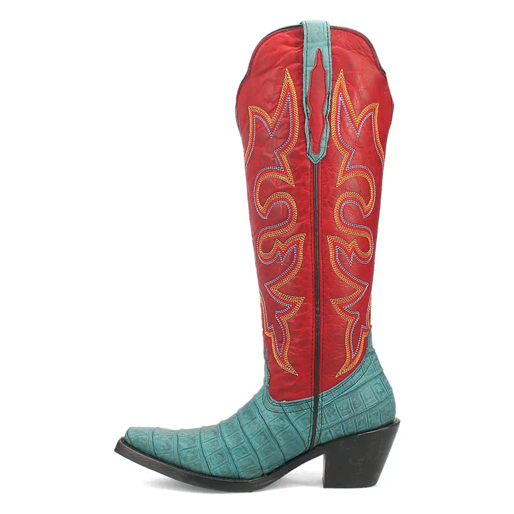 Faux-Leather Crocodile-Embossed Embroidered Snip-Toe Mid-Calf Boots