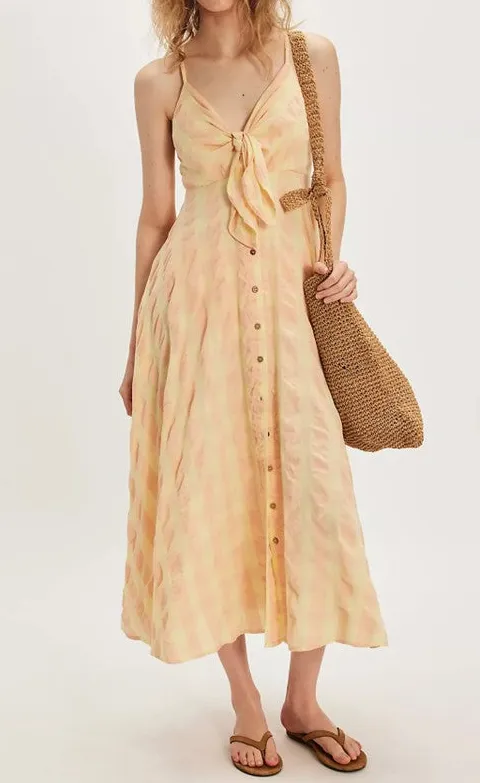 Yellow Button Front Tiered Midi Dress