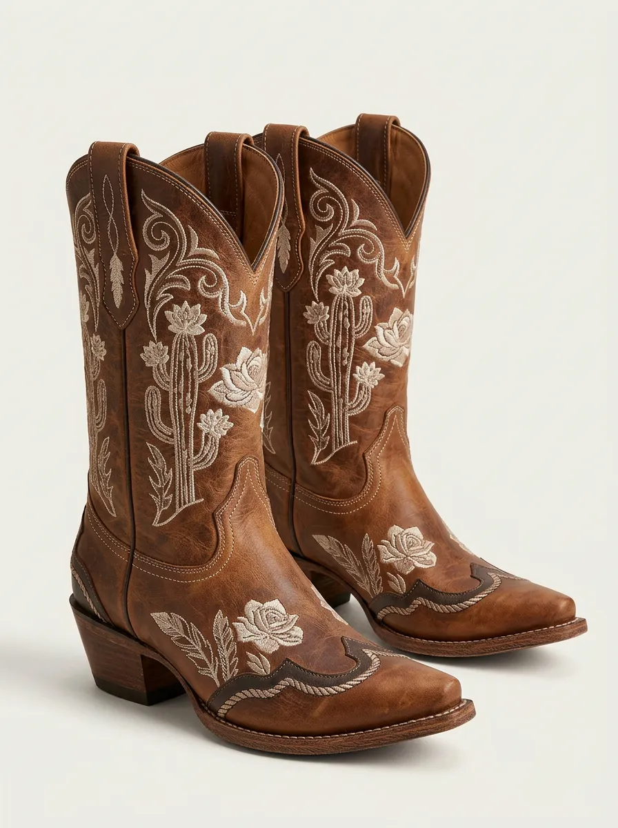 Frontier Cactus Rose Embroidered Silhouette Unisex Western Cowboy Boots