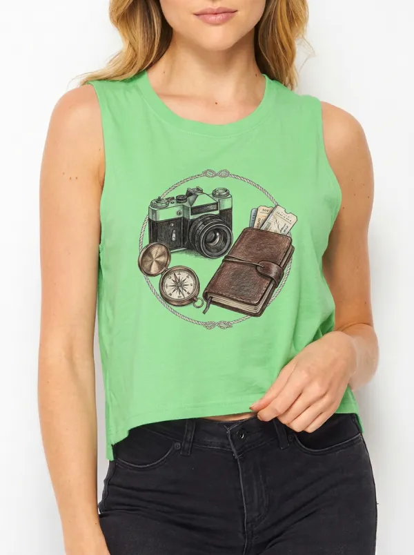 Women's Travel-Inspired Camera Compass Journal Printed Tank Top