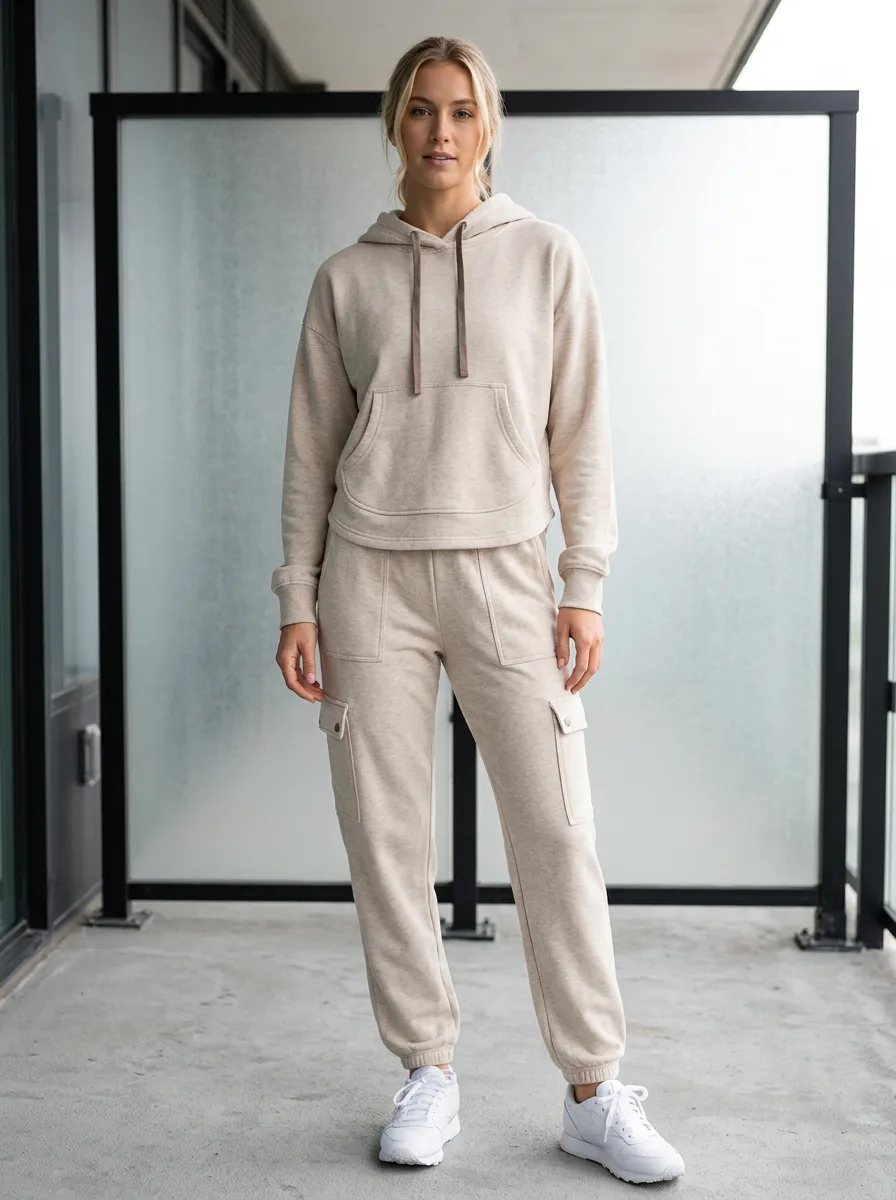 Women's Casual Beige Solid Color Cargo Pocket Hoodie Jogger Set