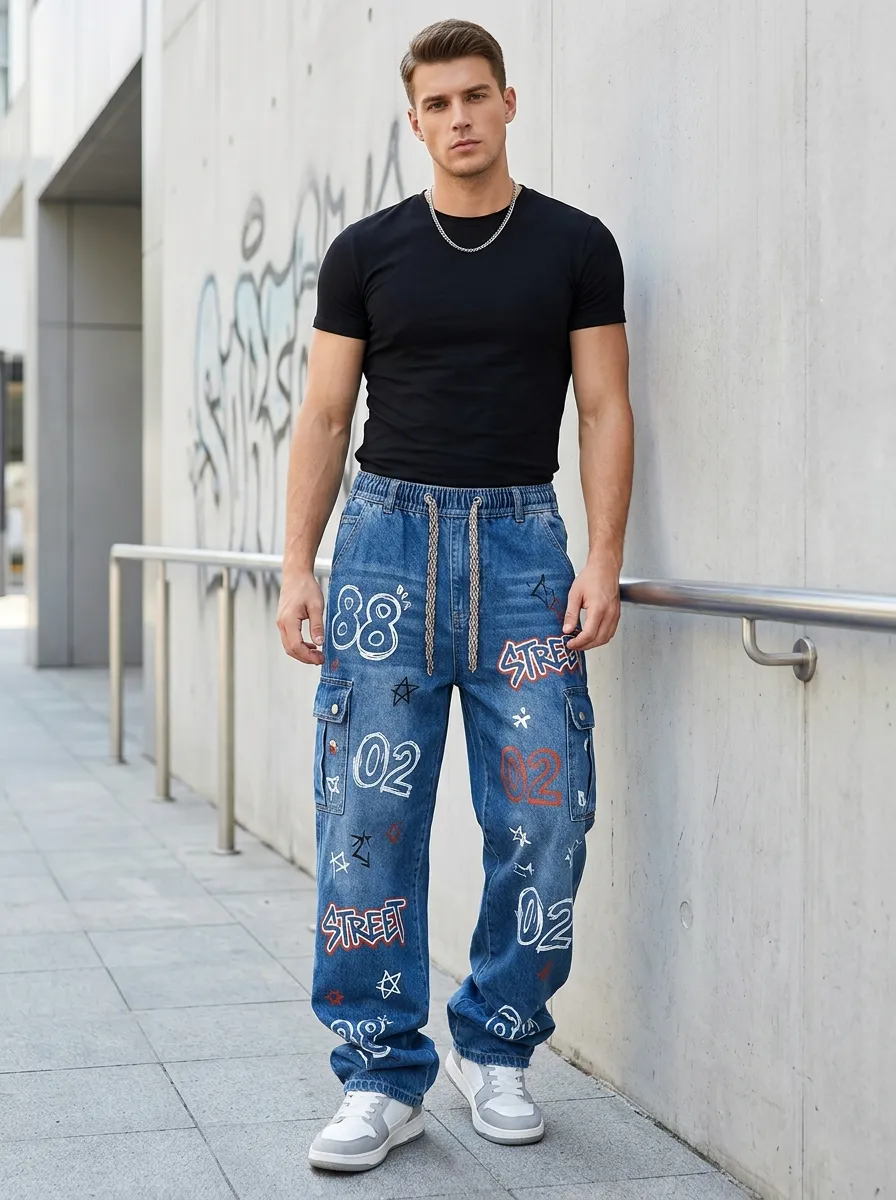 Unisex Contemporary Streetwear Graffiti Star Cargo Jeans