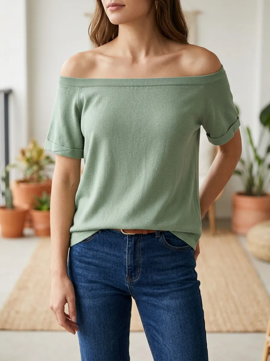 Women's Sage Green Solid Color Off-Shoulder Knit Top