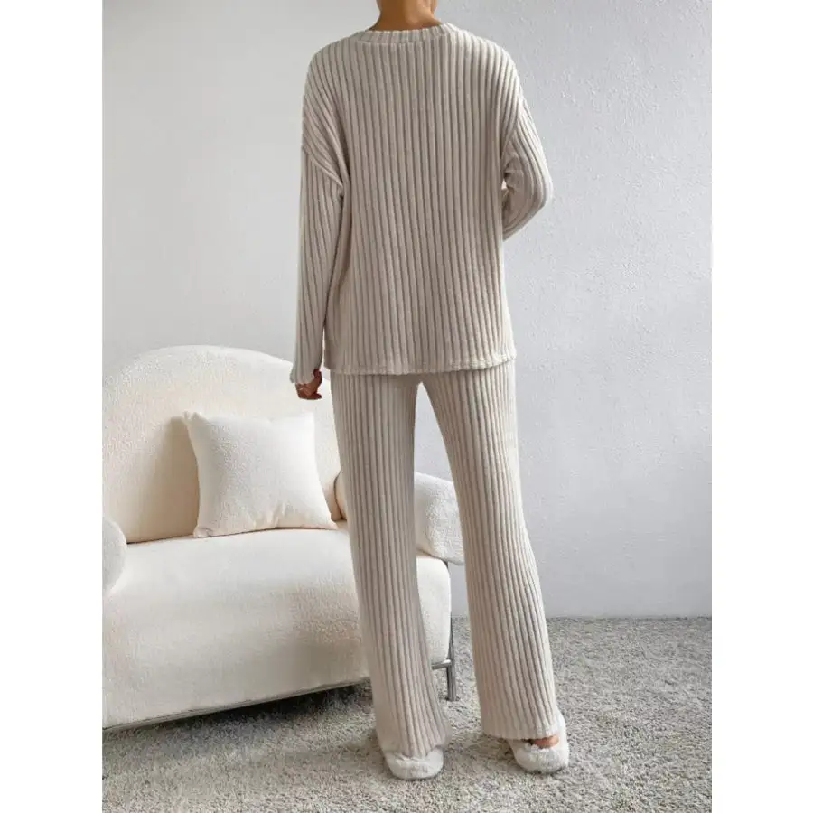 Classic Ribbed Knit Long Sleeve Top and Pants Set