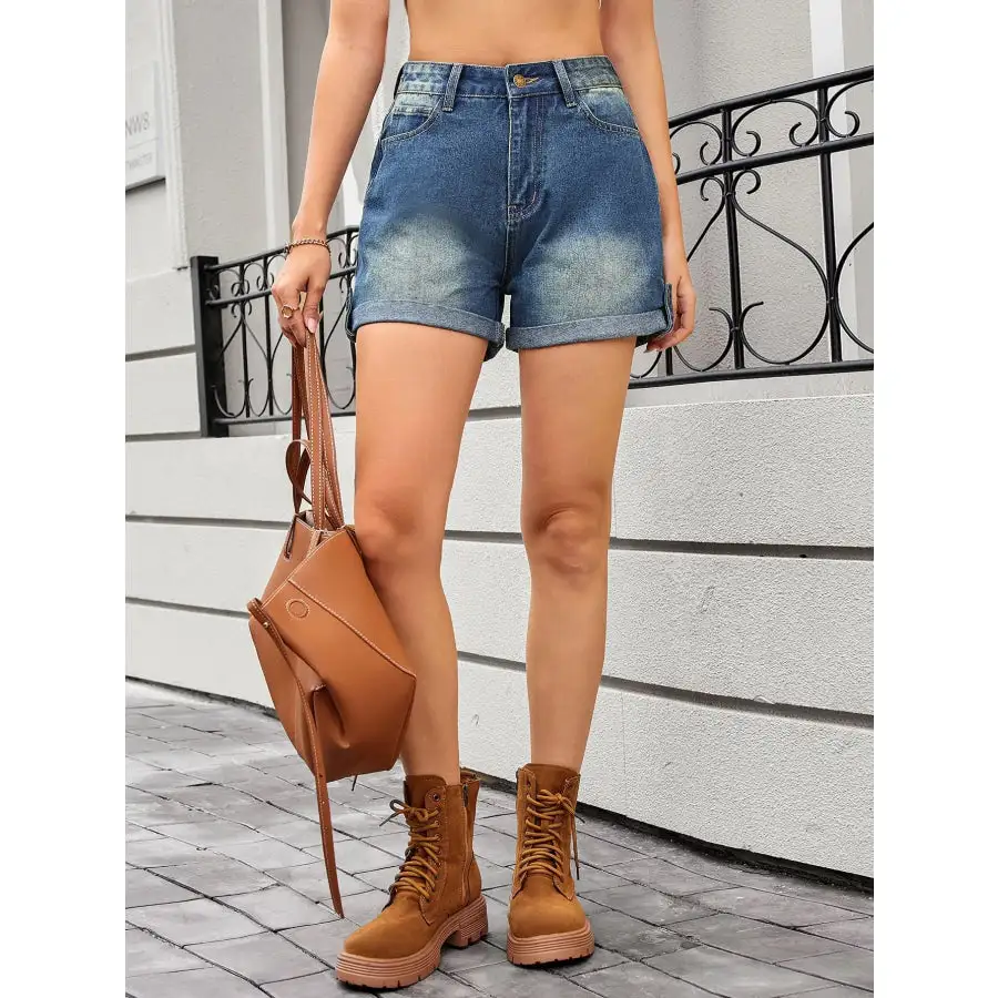 High Waist Rolled Hem Gradient Denim Shorts