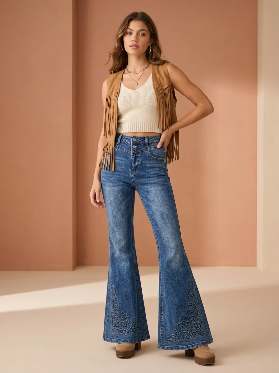 Women's Western Style Floral Embroidered High Waisted Flare Jeans