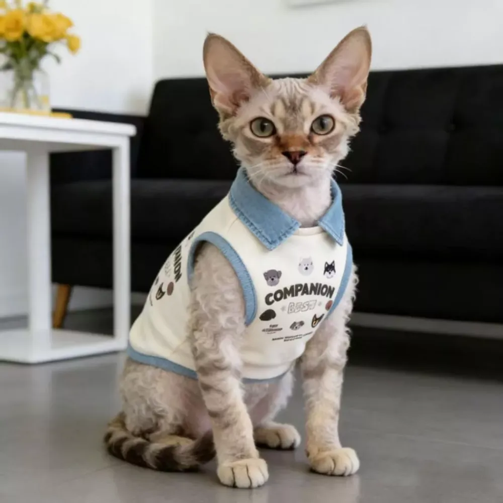 Pet Dog Vest Denim Lapel Sleeveless Shirt Cartoon Dog Face Print Soft Cotton Clothes for Small Medium Puppy Kitten