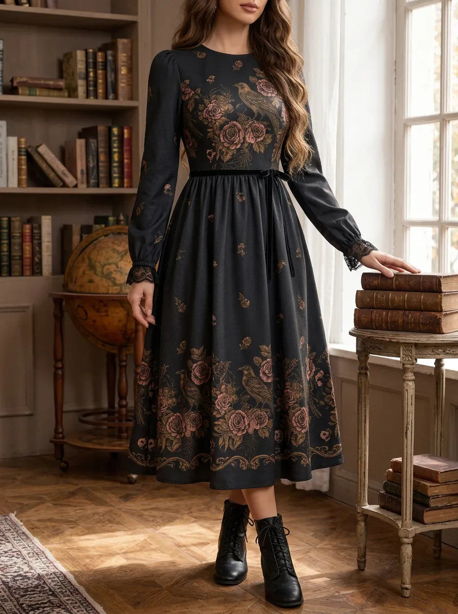 Women's Halloween Gothic Rose Crow Printed Midi Dress