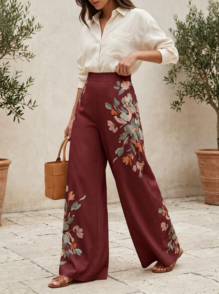 Women's Floral Art Botanical Patterned High-Waist Wide-Leg Pants