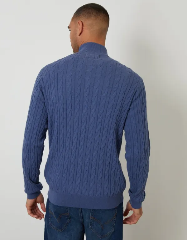 Blue Cable-Knit Quarter-Zip Sweater