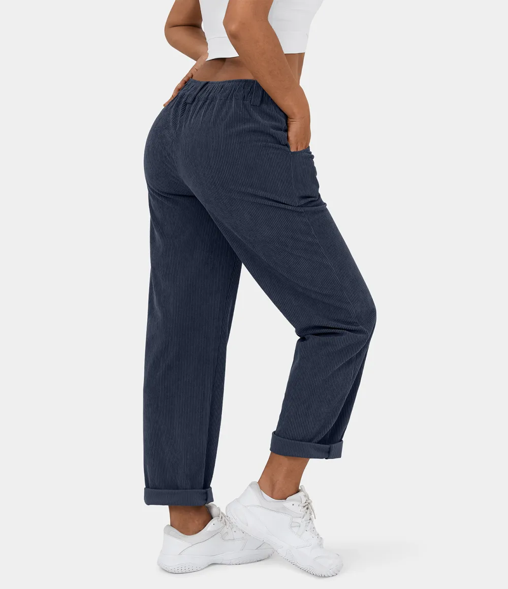Mid Rise Button Zipper Side Pocket Corduroy Casual Pants
