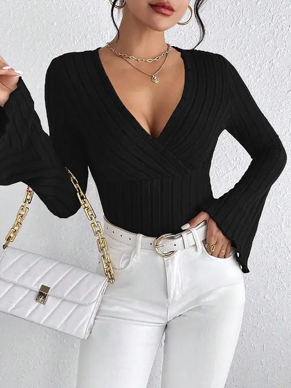 Flared Sleeve Long Sleeve Panel Detail Deep V-Neck T-Shirt
