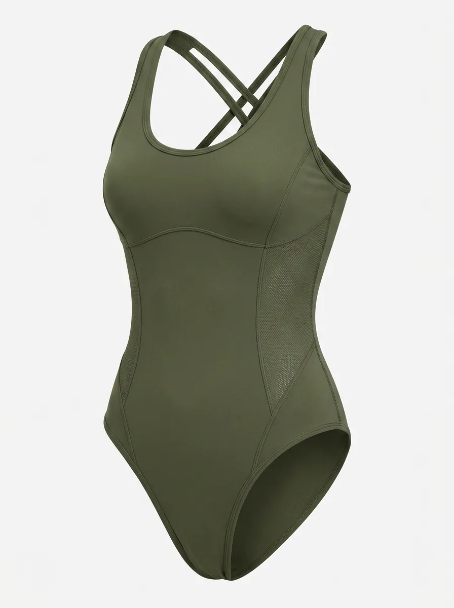 Women's Olive Green Cross-Back Mesh Panel Bodysuit